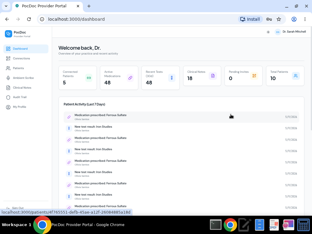 PocDoc Provider Portal dashboard showing patient overview, recent activity, and clinical metrics