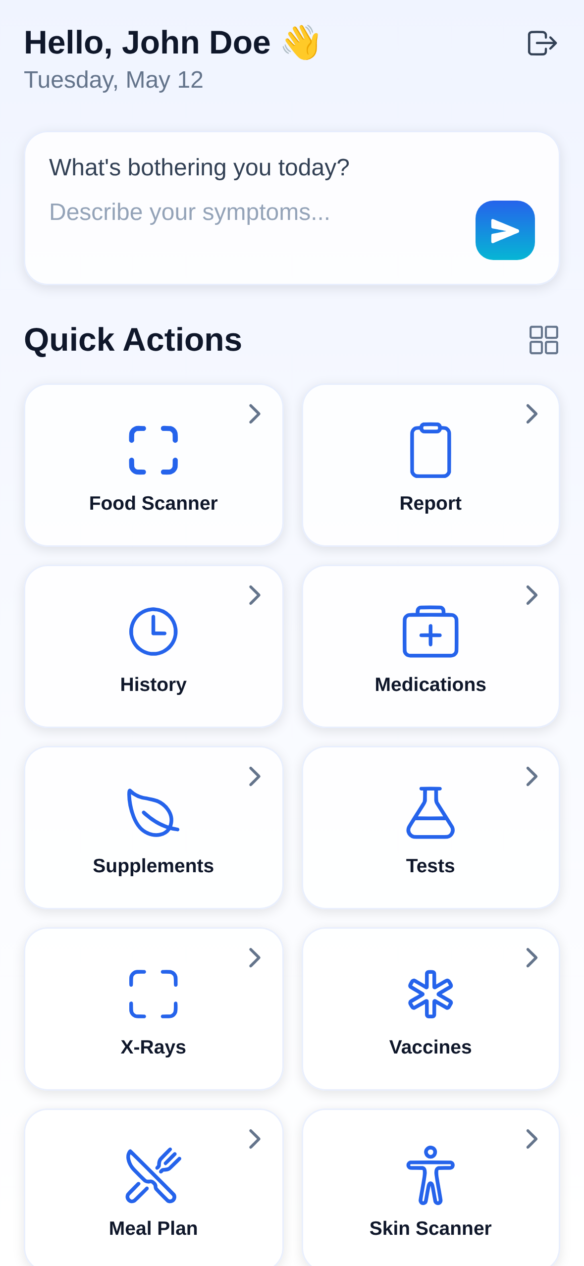 PocDoc Dashboard showing Quick Actions including AI Diagnosis, Food Scanner, Skin Scanner, Health Report, and recent health concerns