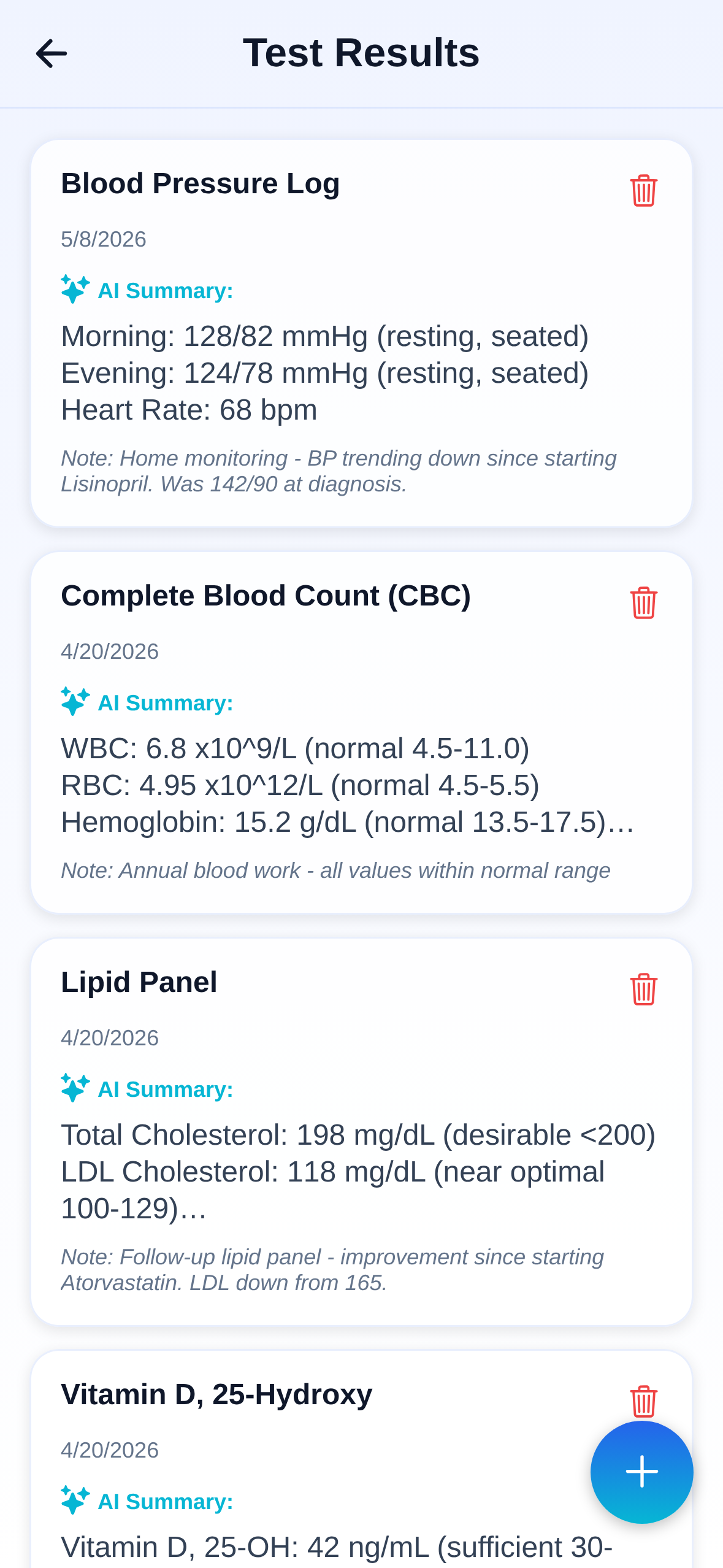 PocDoc Test Results showing CBC and Lipid Panel with AI summaries explaining what the numbers mean