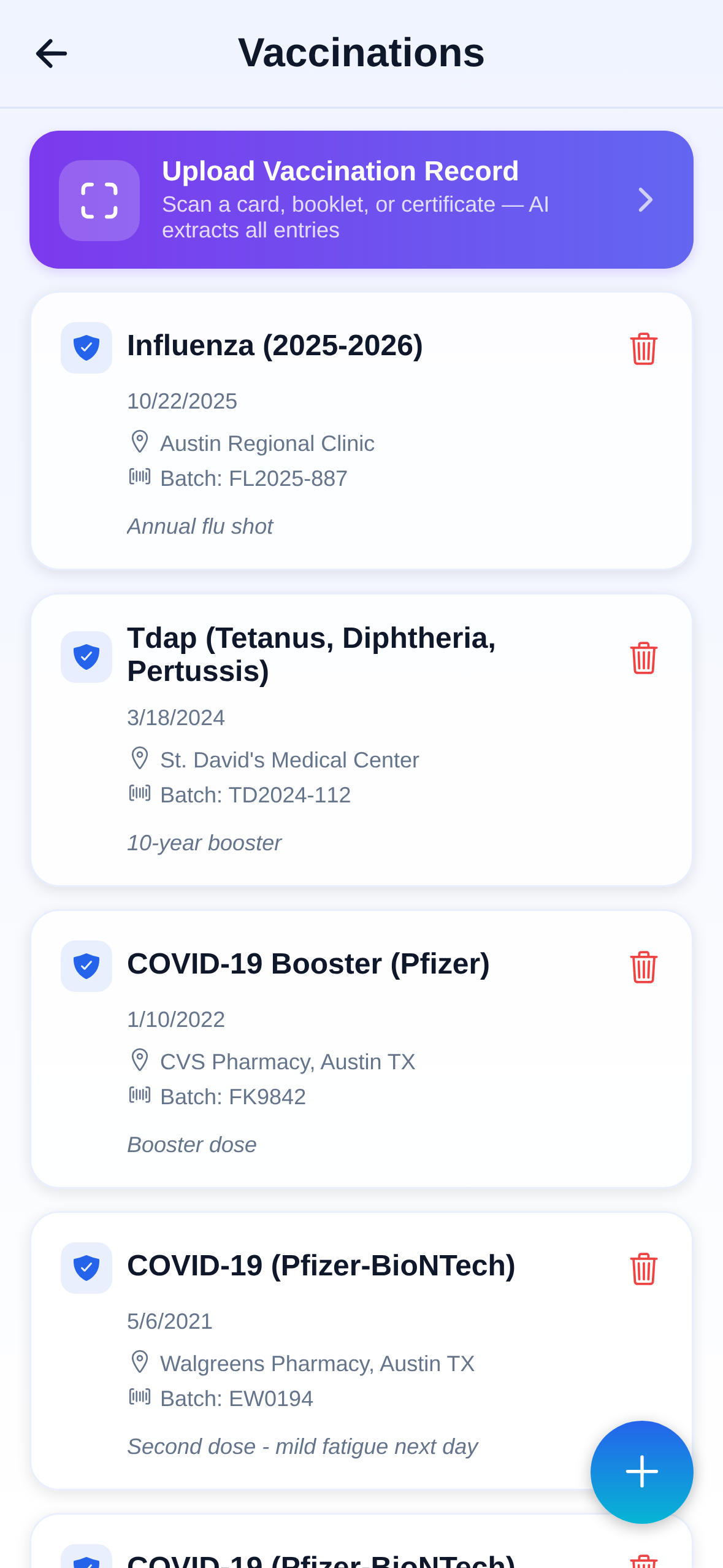 PocDoc Vaccination Records showing complete immunisation history extracted from uploaded cards