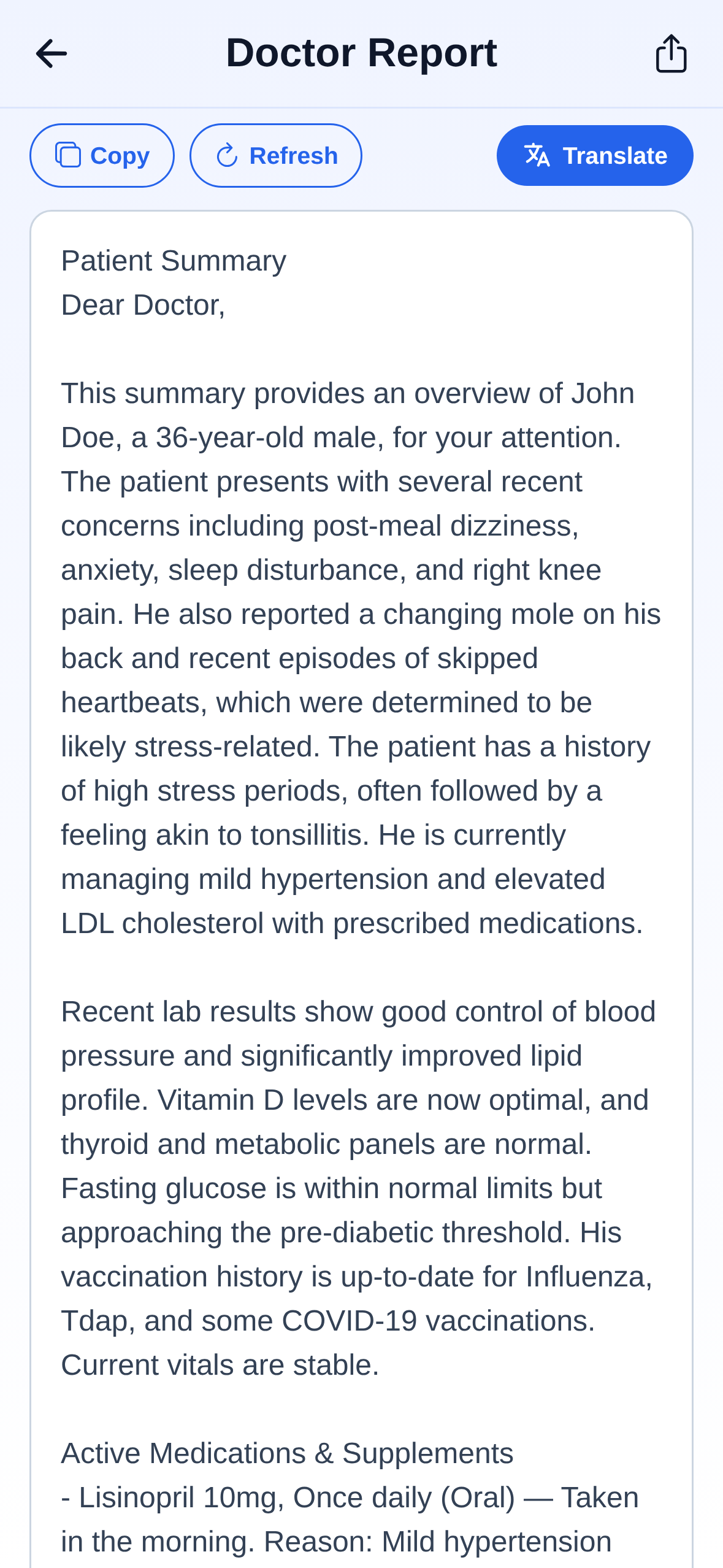 PocDoc AI-generated health report with patient-friendly and clinical doctor versions