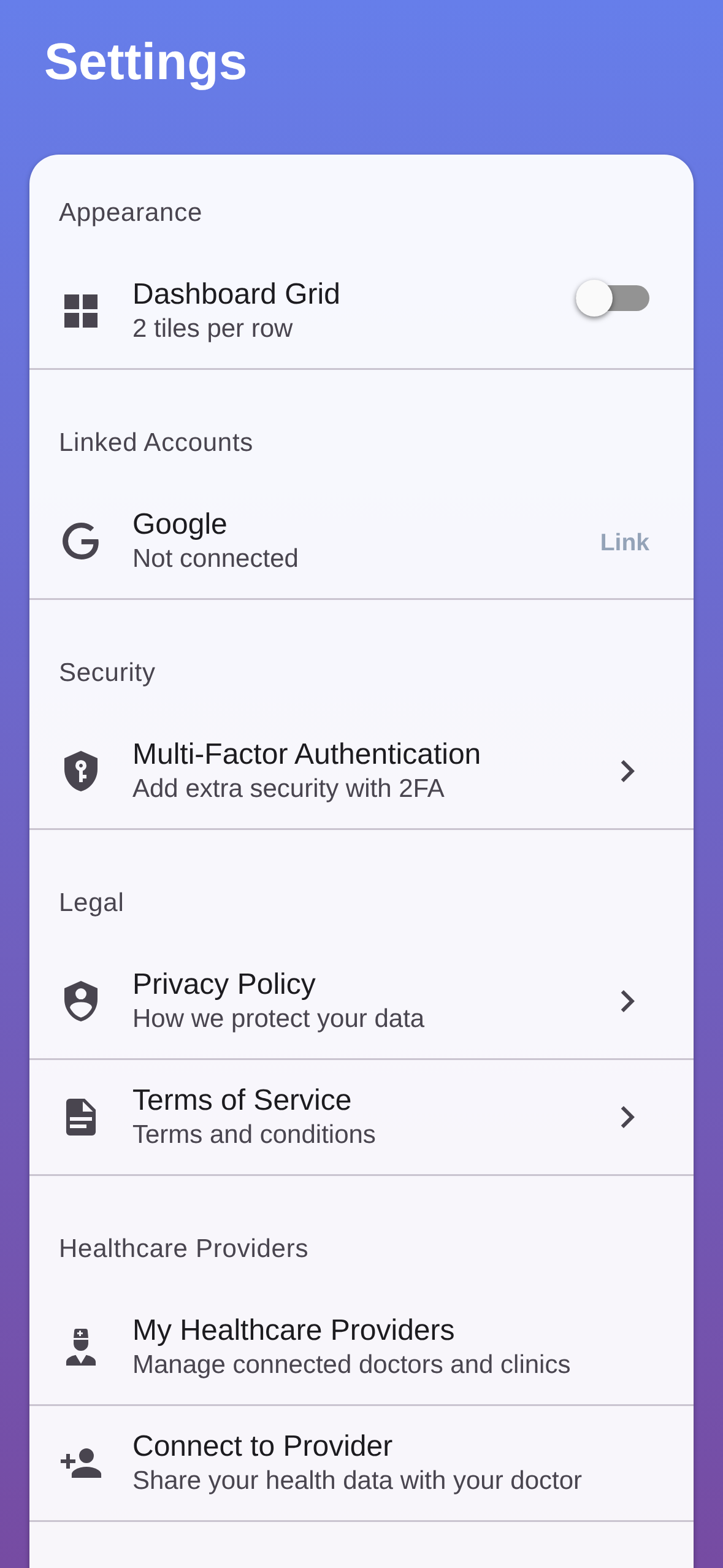 PocDoc Settings screen showing Google SSO login, MFA, Privacy controls, Provider connections, Export, and Delete account options